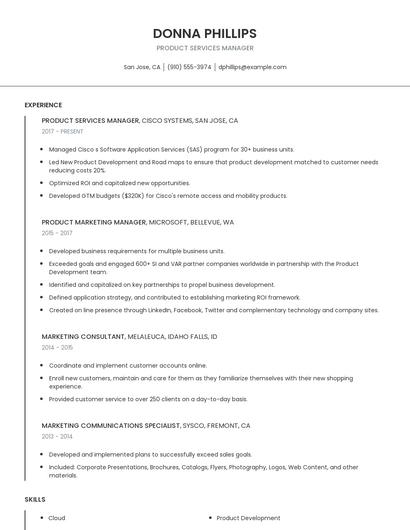 Product Services Manager Resume