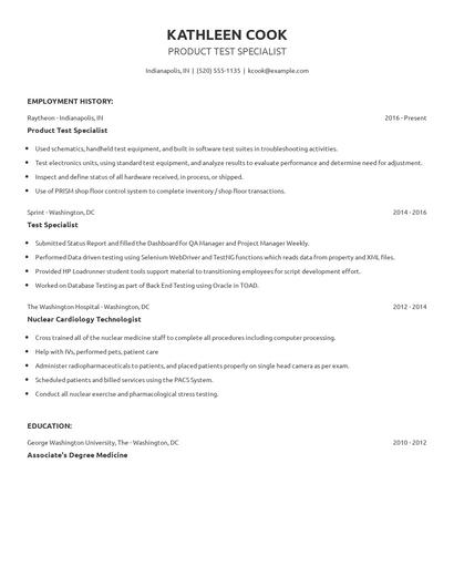 Product Test Specialist Resume