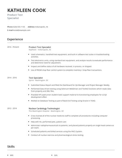Product Test Specialist Resume