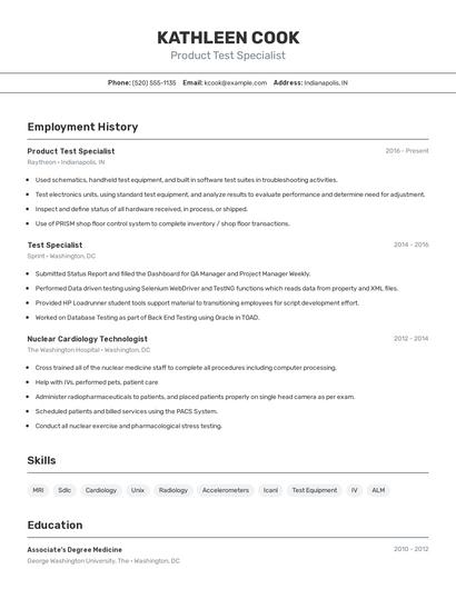 Product Test Specialist Resume