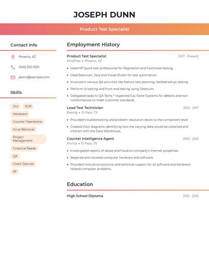 Product Test Specialist Resume