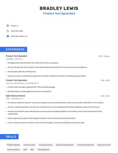 Product Test Specialist Resume