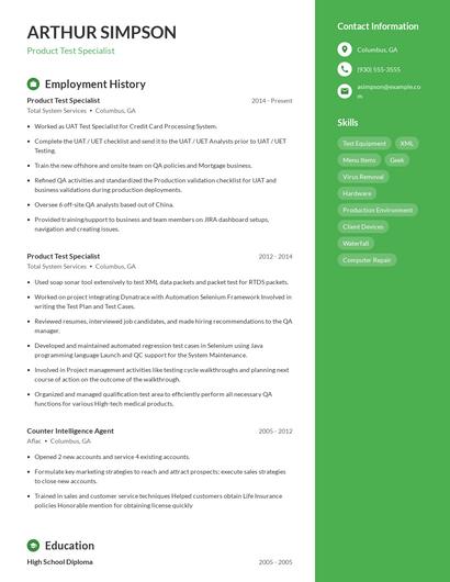 Product Test Specialist Resume