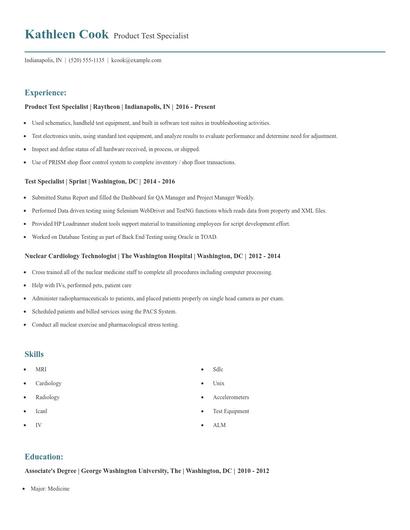 Product Test Specialist Resume