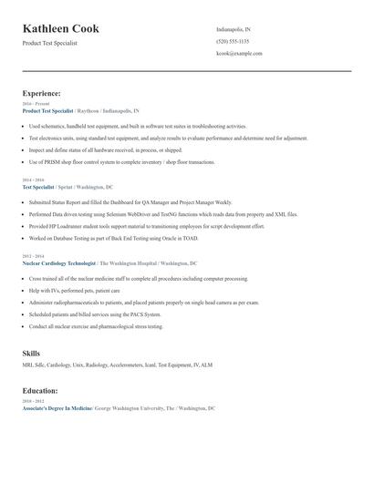 Product Test Specialist Resume