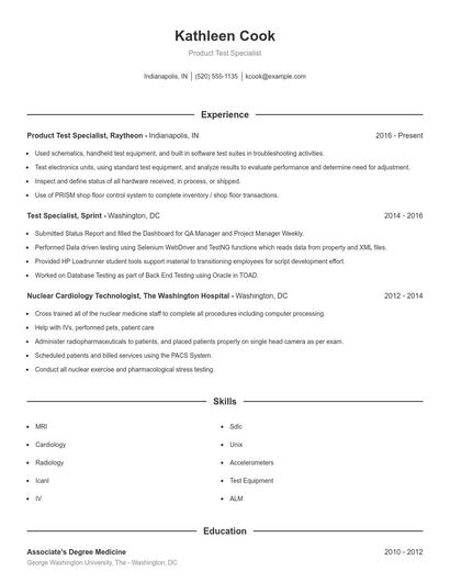 Product Test Specialist Resume