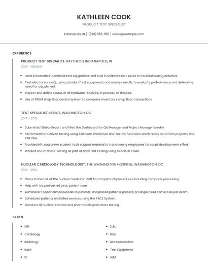 Product Test Specialist Resume