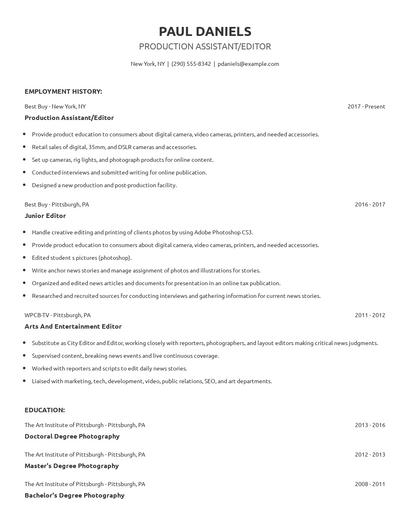 Production Assistant/Editor Resume