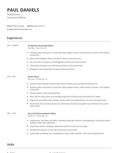 Production Assistant/Editor Resume