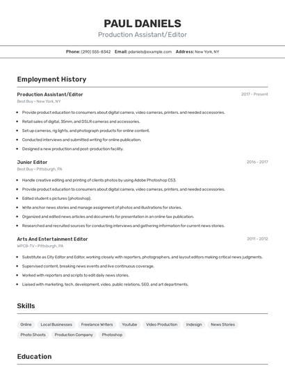 Production Assistant/Editor Resume