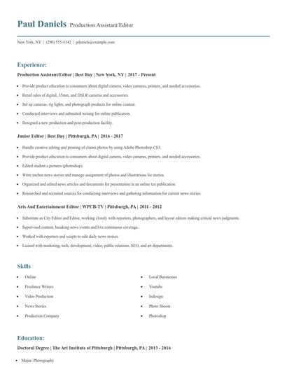 Production Assistant/Editor Resume