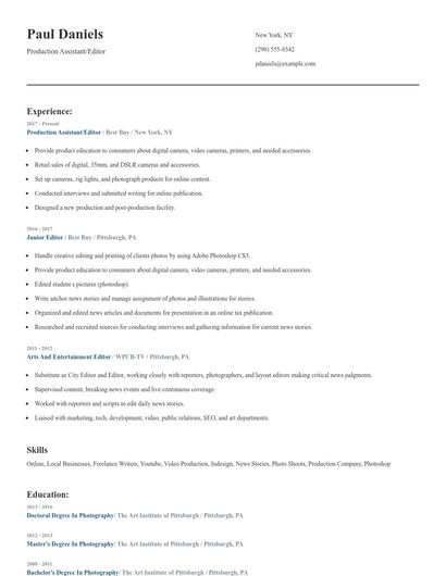 Production Assistant/Editor Resume