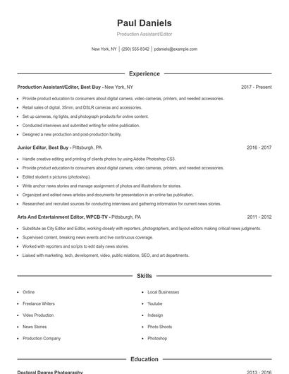 Production Assistant/Editor Resume