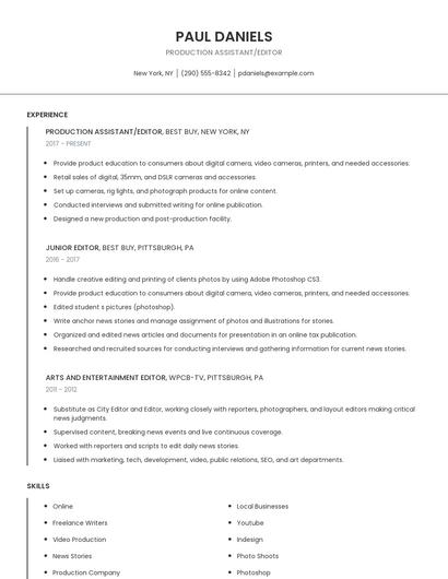 Production Assistant/Editor Resume
