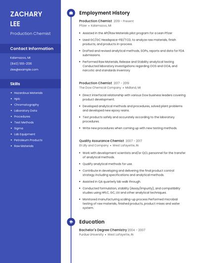 Production Chemist Resume