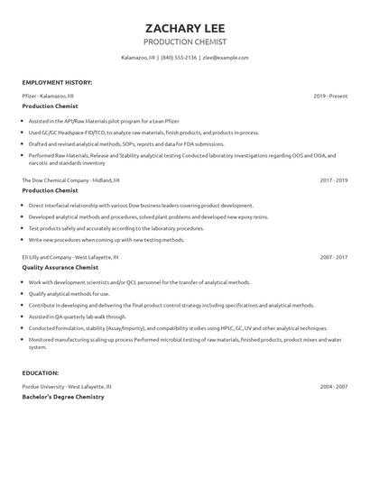 Production Chemist Resume