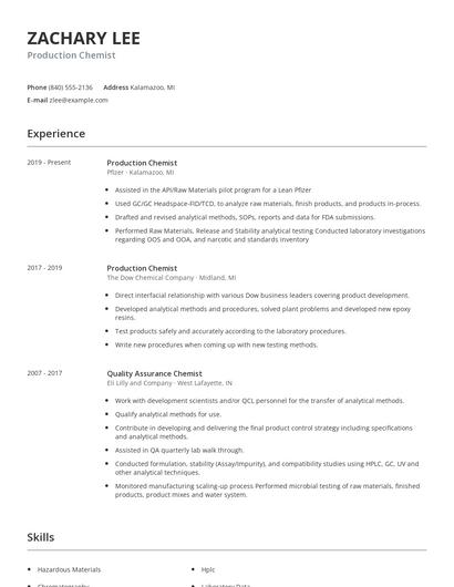 Production Chemist Resume