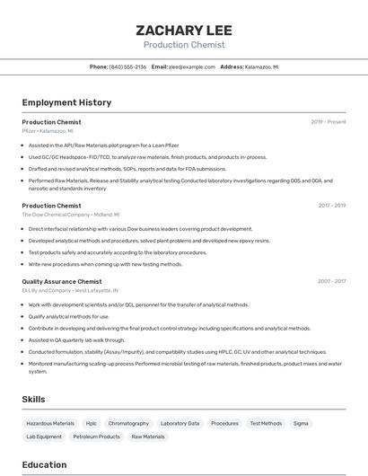Production Chemist Resume
