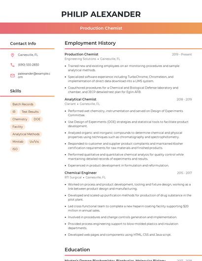 Production Chemist Resume
