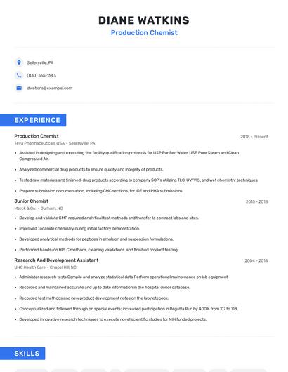 Production Chemist Resume