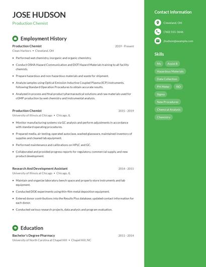 Production Chemist Resume