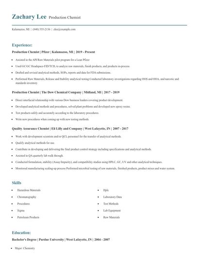 Production Chemist Resume