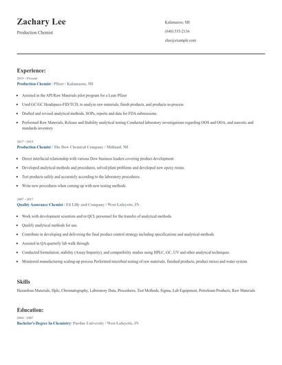 Production Chemist Resume