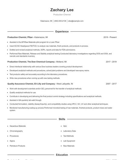 Production Chemist Resume