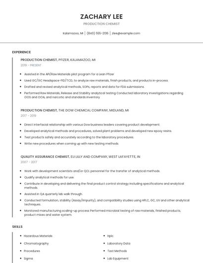 Production Chemist Resume