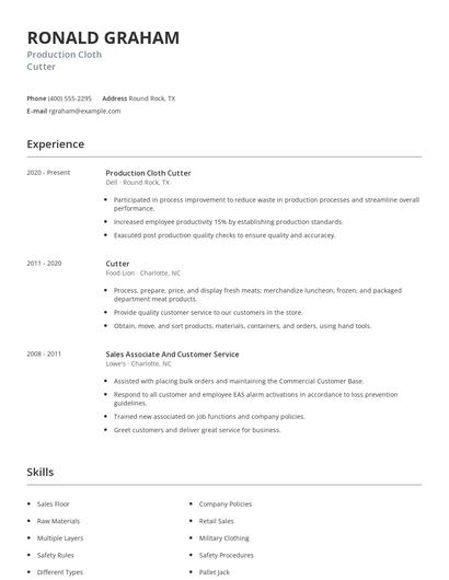 Production Cloth Cutter Resume
