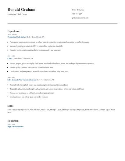 Production Cloth Cutter Resume