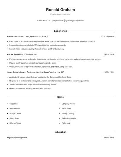 Production Cloth Cutter Resume