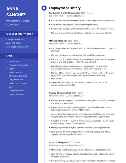 Production Control Supervisor Resume