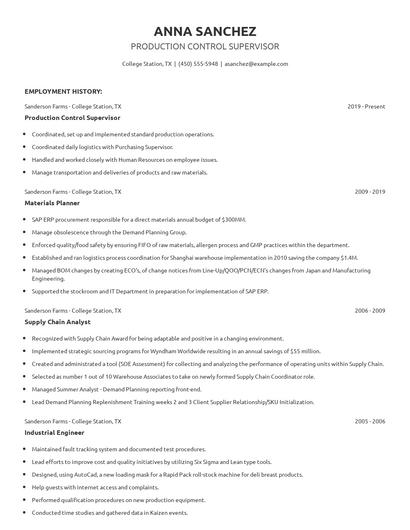 Production Control Supervisor Resume