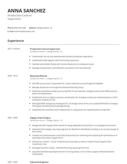 Production Control Supervisor Resume