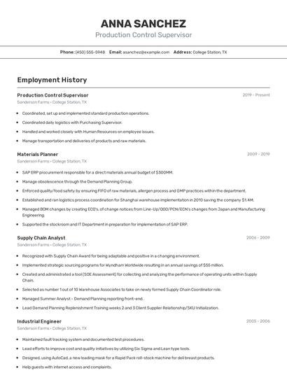 Production Control Supervisor Resume