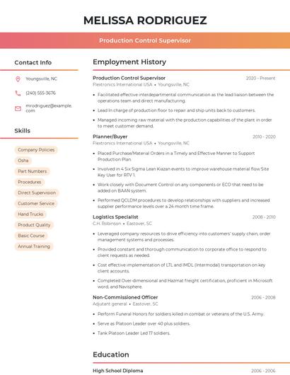 Production Control Supervisor Resume