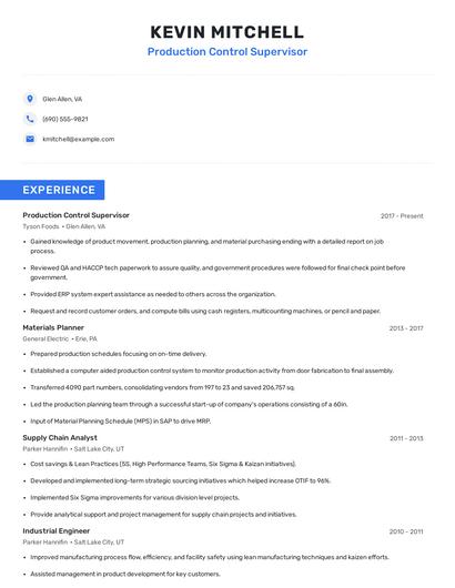 Production Control Supervisor Resume