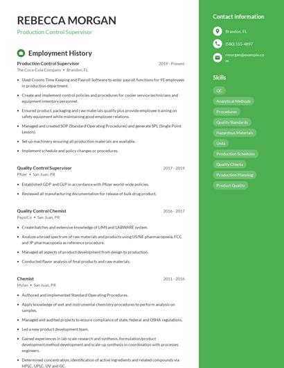 Production Control Supervisor Resume