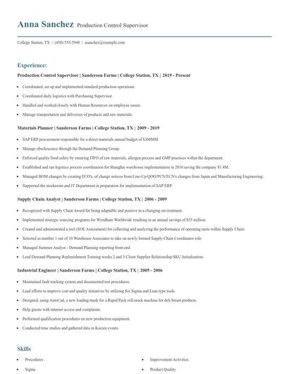 Production Control Supervisor Resume
