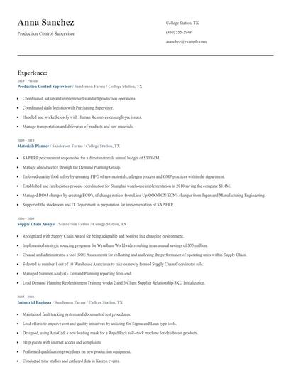 Production Control Supervisor Resume