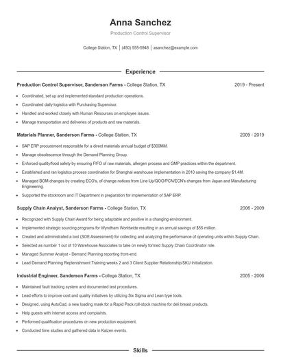 Production Control Supervisor Resume