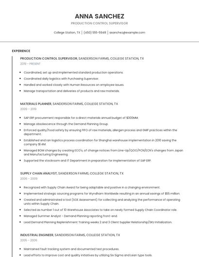 Production Control Supervisor Resume