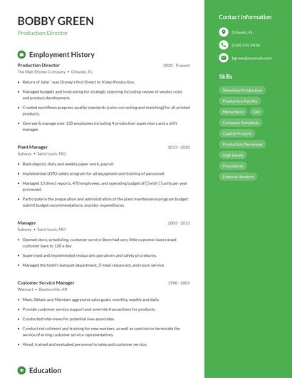 Production Director Resume