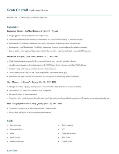 Production Director Resume