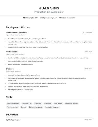 Production Line Assembler Resume