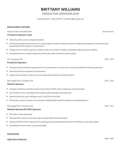 Production Operator Lead Resume