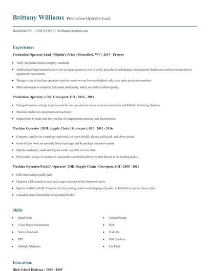 Production Operator Lead Resume
