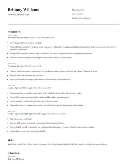 Production Operator Lead Resume