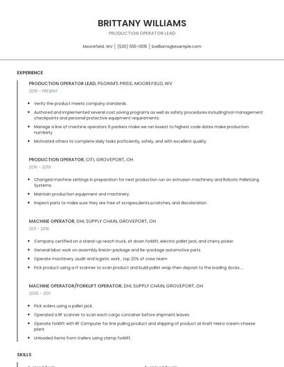 Production Operator Lead Resume
